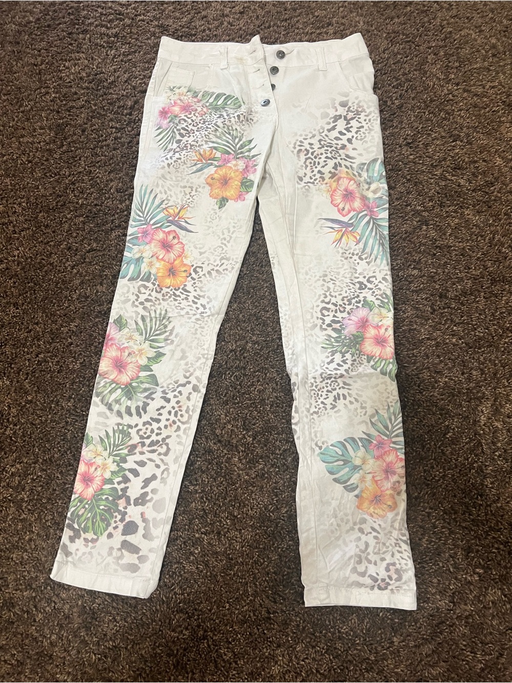 Cute Floral White Denim High Waist Skinny Jeans